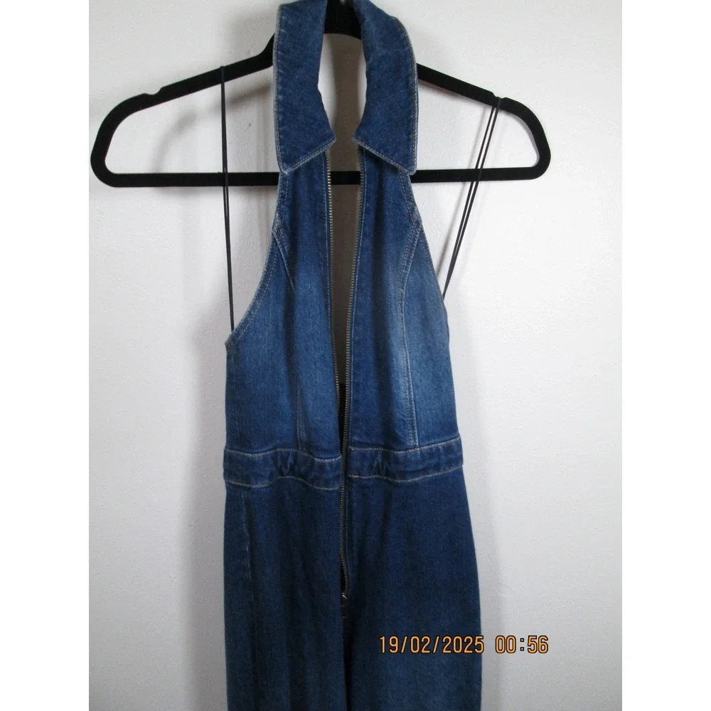 Alice + Olivia Jeans Jumpsuit Size 24 Denim Dark Halter Neck Full Zip Flare - Picture 9 of 14